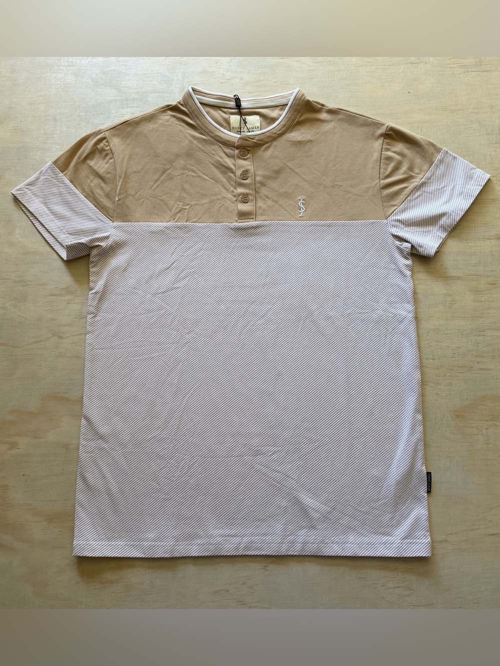 Scott James Color Block T-Shirt Men’s Small NWT Tan Striped Button Tee Stretch